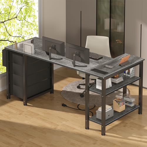 Lufeiya L Shaped Gaming Desk with Drawers & Storage Shelves, 55 Inch Corner Computer Desk with Power Outlet for Home Office Bedroom, L-Shaped Teen PC Desks with Fabric Drawer, Gray