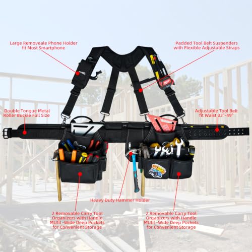 Image of MELOTOUGH Tool Belt with Suspenders Tool Bag Supenders Framers Comb Apron Tool Belt Construction Tool Pouch Builder Heavy Duty Carpenter Suspension Rig for Electrician, Roofing,Contractor