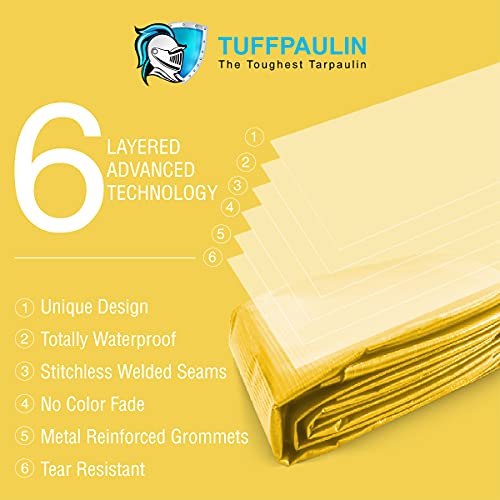 Image of TUFFPAULIN Plastic 12Ft X 10Ft 120 GSM Yellow Tarpaulin Tirpal Tadpatri Tharpai Thadika,Extra Strong,Reinforced Eyelets,Uv Resistant,100% Waterproof Virgin,6 Layer Mlcl 3D Rib Technology-1 No.