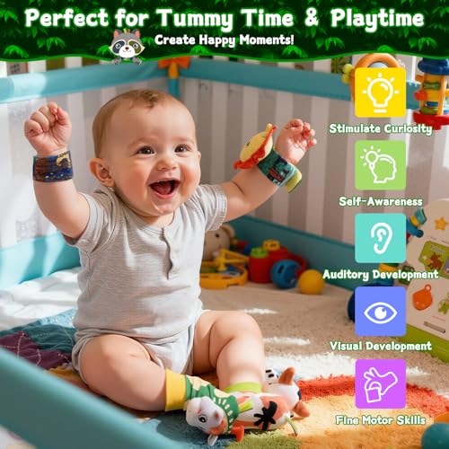 Image of Wrist Rattle Socks Set for Babies 0-6 Months, Plush Rings | Soft Plush Sensory Toys, Wrist & Foot Rattle Socks with Plush Rings, Baby Shower Gift for Newborns 0-12 Months