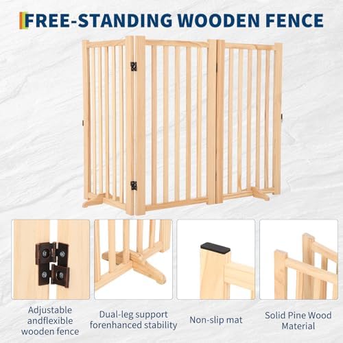 Freestanding Wooden Dog Gate 36" Tall, 3-Panel Indoor Pet Fence - Paint-Free Natural Wood, Collapsible Step-Over Barrier for Doorways, Stairs & House — view 2