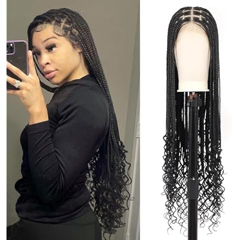 Fecihor 360° HD Full Lace Knotless Braided Wigs with Curly Ends for Women Box Braid Wig with Baby Hair Human Hair Blended Natural Looking Black Braided Lace Front Wigs 36 Inch Cover