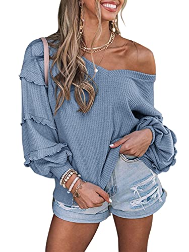 Simplee Womens Casual V Neck Waffle Knit Henley Tops Tiered Ruffle Long Balloon Sleeve Off Shoulder Blouses Solid Loose Fit Oversized Pullover(L Blue)