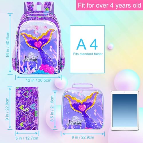 Image of 3Pcs Mermaid Backpack for Girls, 16 inch School Bookbag Set with Lunch Box,Kids Backpacks for Elementary Preschool Kindergarten (Purple)