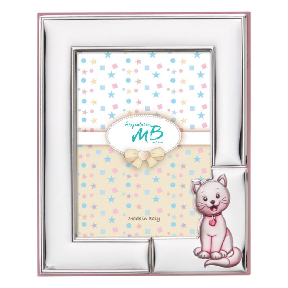 Cornice 13x18 Portafoto per la Nascita di Una Bambino o di Una Bambina Personalizzabile con Incisione del Nome, della Data o di Una Dedica, Realizzato in Argento PVD con Gattino Rosa
