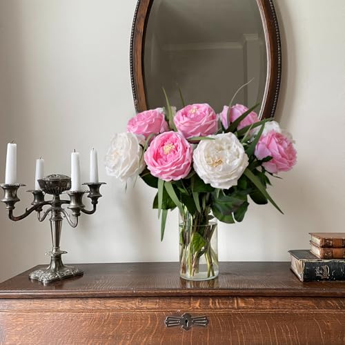 YalzoneMet 3.5\'\' Big Bloom White Rose Artificial Flowers 4Pcs Real Touch Rose Faux 17.7 Inch Long Stem Austen Roses Peonies Fake Flowers for Home Kitchen Party Christmas Flower Wedding Decor