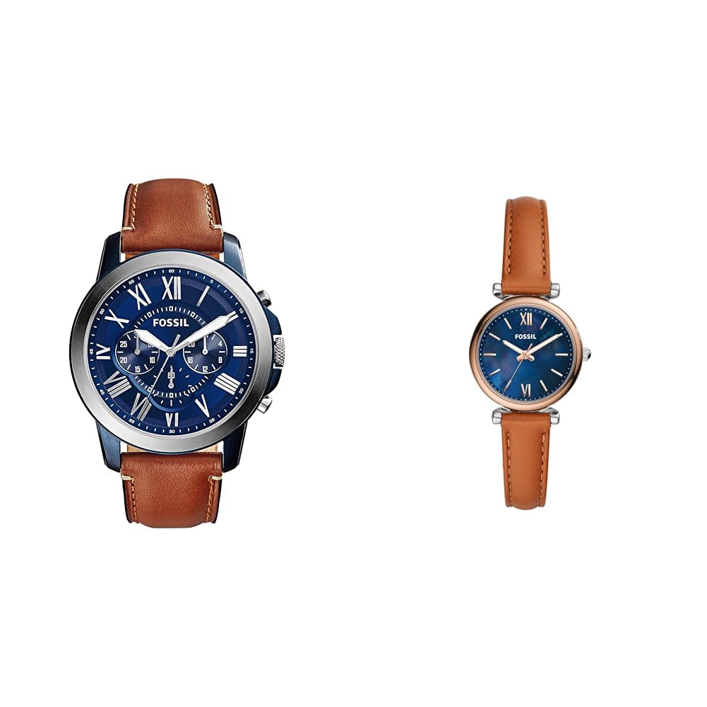Fossil Grant Uhr für Herren, Quarz-Chronographenwerk, mit Edelstahl- oder Lederarmband, Braun, 44MM & Damenuhr Carlie Mini, Quarzwerk, 28mm Silbernes Edelstahlgehäuse mit Lederarmband, ES4701