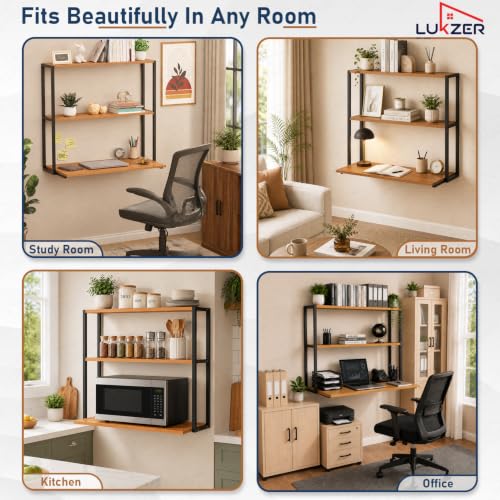 Image of Lukzer Wall Mounted Study Table with Multipurpose Storage Shelves (MMR-007 /Black & Oak Brown) Engineered Wood & Metal Frame, Space Saving Work Desk for Laptop, Bookshelf & Home Office (83x79x40 cm)