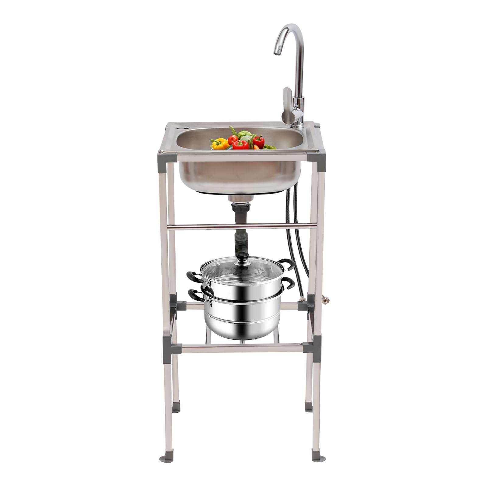 Lavello in acciaio inox da cucina 1 vassoio professionale, lavello in acciaio inox autoportante con rubinetto e accessori, miscelatore caldo freddo, vasca portatile giardino esterno garage campeggio