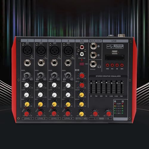 Mixing Console, 48V Phantom Power Stereo Interface Professional Audio Mixer DJ Sound Effects Board Mixing Console Board for Music Studio Recording, Home KTV, Bars (6 Channel Audio Mixer)