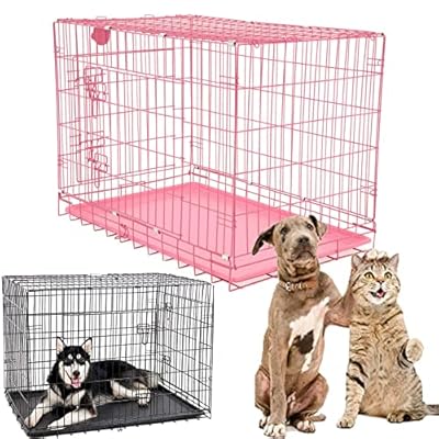 Dog Puppy Cage Medium 30 inch Pets Dog Crate Folding 2 Door Dog Kennels and Crates Pet Carrier with Non-Chew Base Tray and Carrier Handle ideal for Home or Travel, Pink