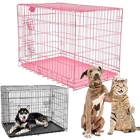 Dog Puppy Cage Medium 30 inch Pets Dog Crate Folding 2 Door Dog Kennels and Crates Pet Carrier with Non-Chew Base Tray and Carrier Handle ideal for Home or Travel, Pink Cover