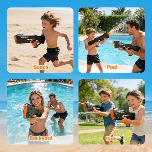 Electric Water Gun for Adults & Kids with Colorful LED Light,Automatic Fill Up Water Blaster Squirt Guns with Flashing Head,Range up to 32FT, Summer Outdoor Toy for Swimming Pool Beach Party (Black) - 5