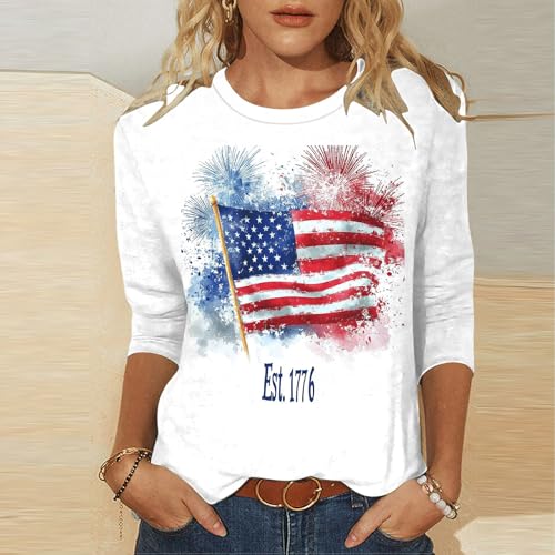 Image of Fourth of July Shirts for Women 3 /4 Sleeve Summer Tops American Flag Print T Shirt Patriotic 4th of July Shirts 2025
