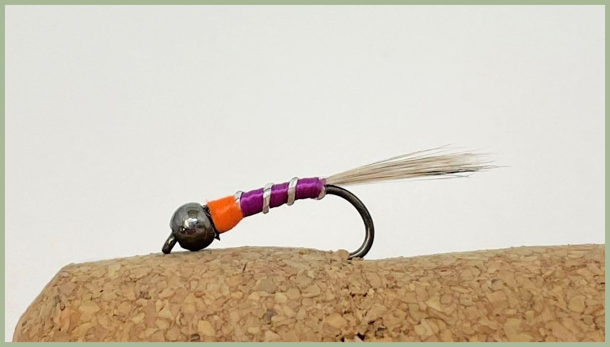 Perdigon Nymph Trout Flies, Purple, Tungsten head, Barbless, Choice of size and quantity, Trout and Grayling Flies (12, Mixed)