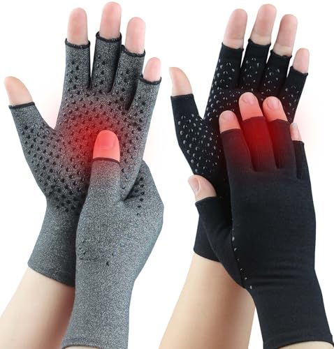 2 Pairs Arthritis Gloves for Pain Relief, Compression Gloves for Arthritis, Carpal Tunnel, Osteoarthritis, Joint, Typing, Driving, Fingerless Hand Gloves for Women Men (Grey1+Pure Black1, Medium)