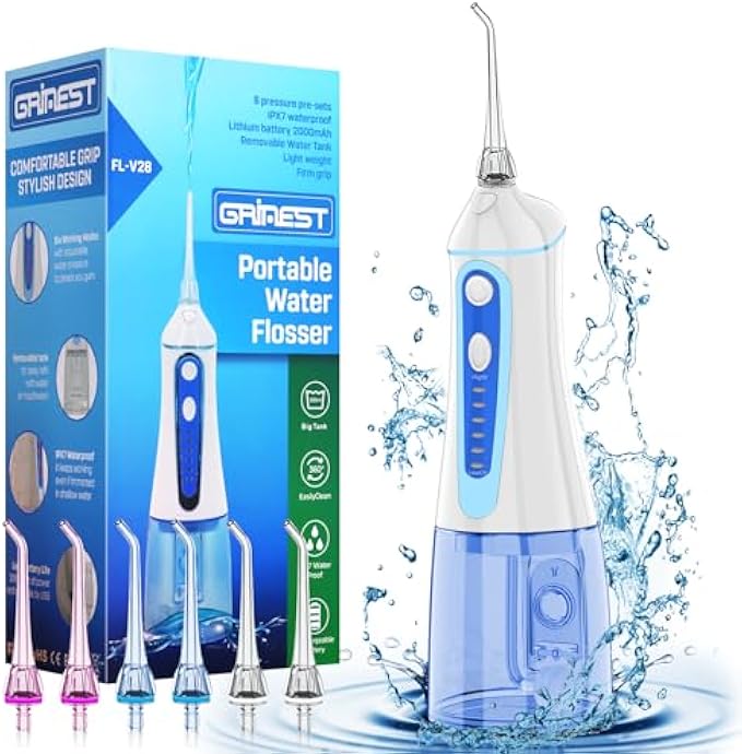 Water Dental Pik Flosser,Grinest 7 Modes Rechargeable Water Dental Picks for Teeth Cleaning Cordless Oral Irrigator Portable IPX7 Waterproof Tooth flossers for Home Travel-Green