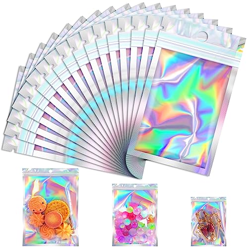 Jetmore 100 Pcs Resealable Mylar Bags Smell Proof Goodie Bags with Clear Window Small Holographic Bags for Gift Candy Bracelet Keychain Treat Product Sealable Plastic Bags (2.4x3.9in)