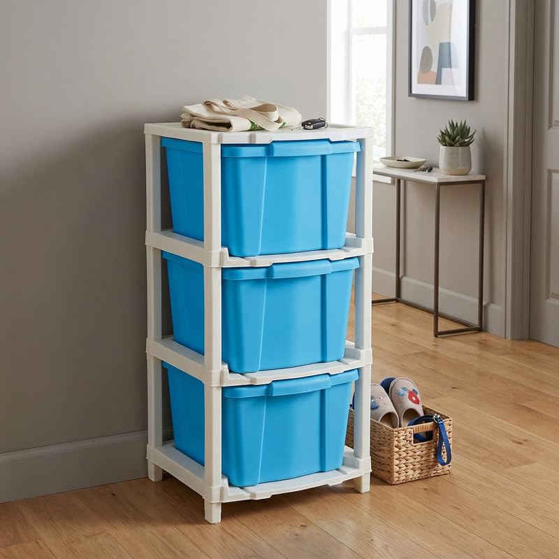 Image of Kavira Plastic Drawer Storage Tower - Space Organizer|Blue,3 Layer