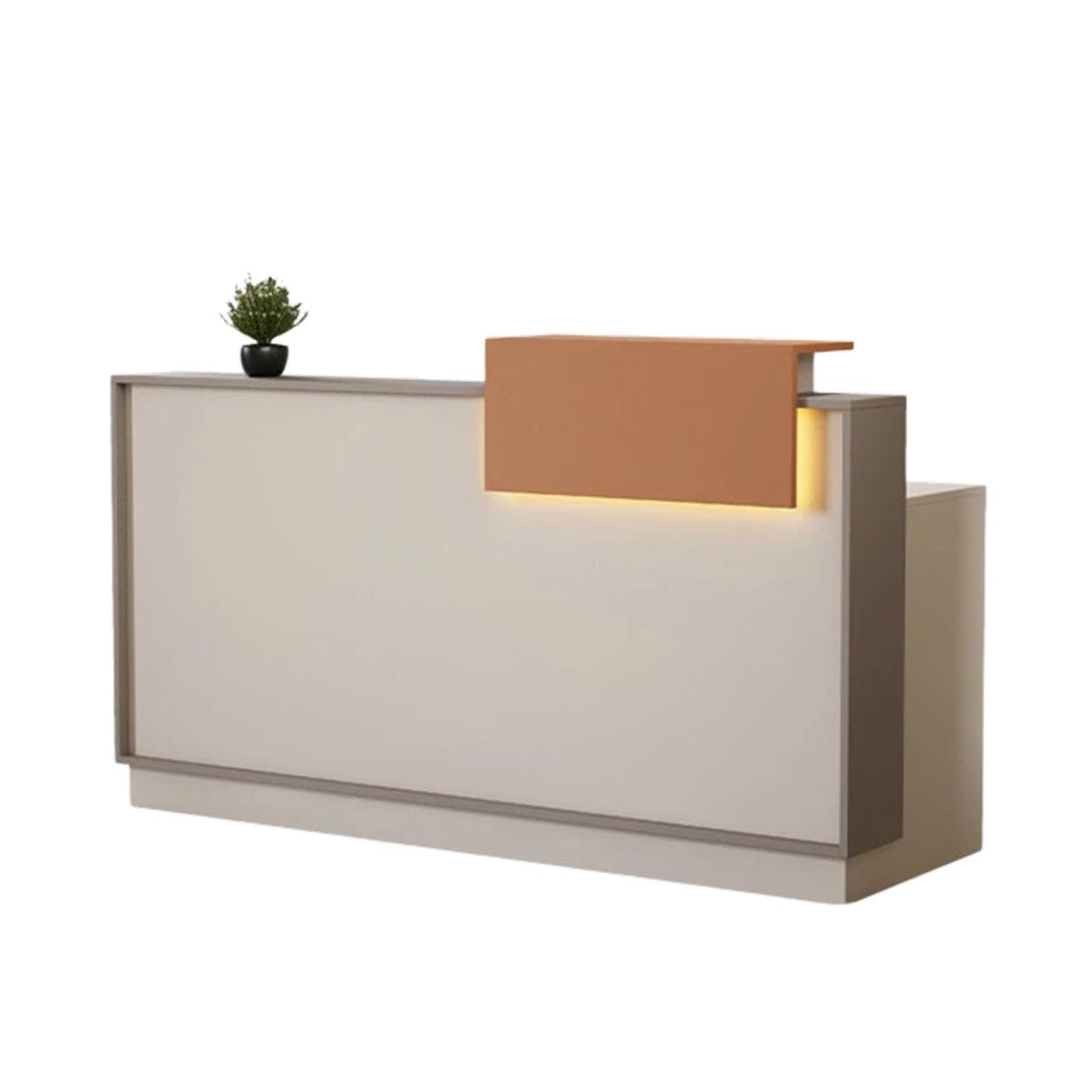 Mostrador moderno de recepción acabado en naranja con iluminación premium
