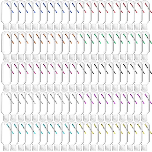 100 Pcs Traveling Bottles with Keychain 2oz Clear Plastic Hand Sanitizer Holder Keychain Empty Refillable Liquid Packing Container Squeeze Plastic Bottle with Lid,Rectangle