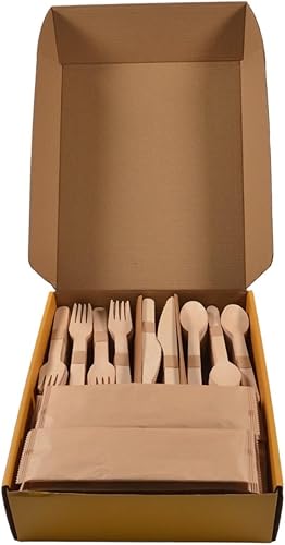 Miniatura 6 de Gringotts Juego de cubiertos de madera desechables de alta calidad (360 unidades), cubiertos de madera de abedul 100% natural, juego de cuchillos,