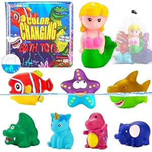 Color Changing No Hole Bath Toys for Toddlers Kids, Color Change Rubber Animal Toys with Bath Book & Drying Bag, Mermaid Bath Toys Water Toys Floating Fish Toys Dinosaur Toys for Bathtub Pool