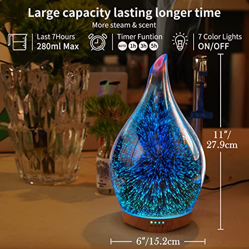 Porseme 280Ml Essential Oil Diffuser 3D Hand-Blown Glass Aroma Diffusor, Aromatherapy Unltrasonic Cool Mist Deffuser, 7 Color Changing Humidifier, Waterless Shut-Off, Timer Function For Home Office #TOP1