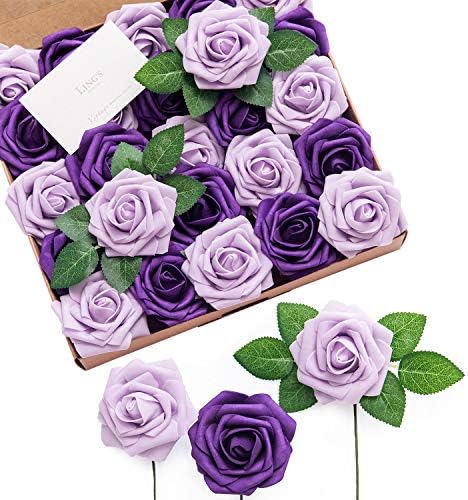 Ling's Moment Artificial Rose Flowers 25pcs Lilac & Purple Realistic Fake Roses w/Stem for DIY Wedding Bouquets Centerpieces Bridal Shower Party Home Decorations