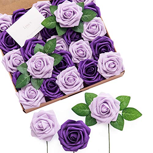 Ling’s Moment Artificial Flowers 25Pcs Purple Roses Decor w/Stems,3' Real Touch DIY Foam Floral for Wedding Bouquet/Centerpieces, Outdoors Party Backdrop, Room/Table, and Garden/Pot Decorations （2023）