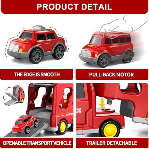 Image of Kidology 5-in-1 Friction-Powered Fire Truck Toy Set with Music - Montessori Educational Transport Carrier Vehicle Toy for Boys & Girls, Fun Birthday Gift for Kids Ages 3+