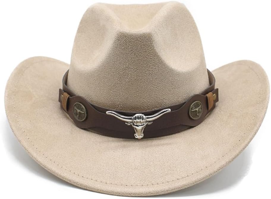 Western Cowboy Hat with Longhorn Concho, Brown Faux Suede, Decorative Leather Band, Classic Style