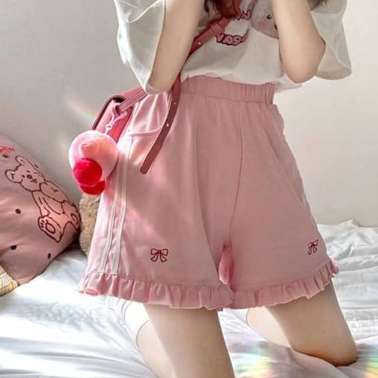 POHADON Women Kawaii Bow Tie Summer Shorts Wide Leg Aesthetic Preppy Clothes Cute Yoga Sweat Shorts Teen Girl Loungewear