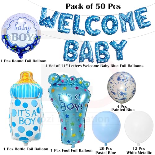 Image of Rozi Decoration Baby Boy Welcome Home Decoration Kit Set of 50 Pcs Baby Welcome Home Decoration Kit Boy Combo Decor, Welcome Baby Blue Foil Balloons Decorations Items