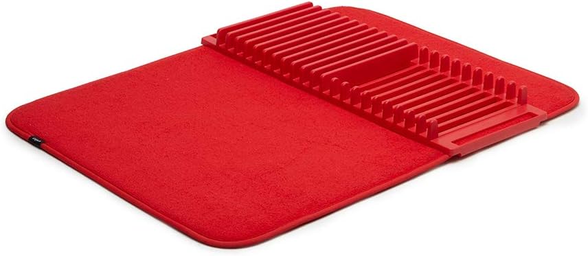 Umbra 330720-505 Udry Rack and Microfiber Dish Drying Mat-Space-Saving Lightweight Design Folds Up for Easy Storage, Standard, Red -