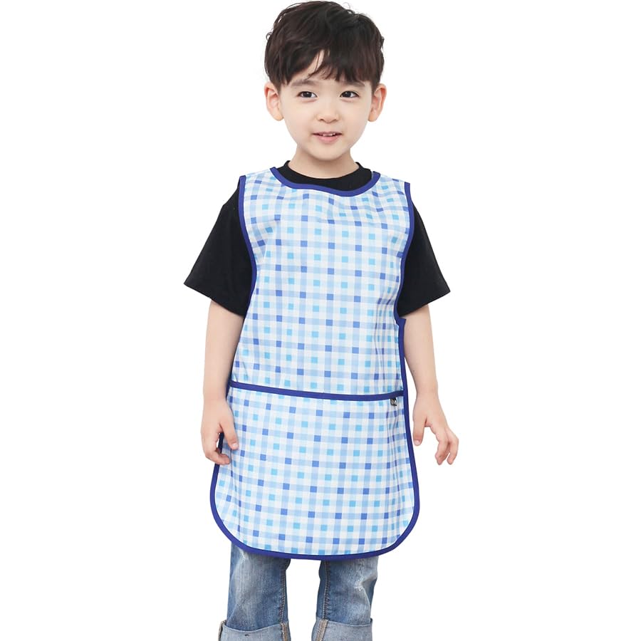 Kids Waterproof Art Tabard | Sleeveless Messy Play Painting Smock for Toddlers | Size SโXL | Kids Artist Apron for School, Daycare, Crafts, Blue Check (16-M) โ image 1