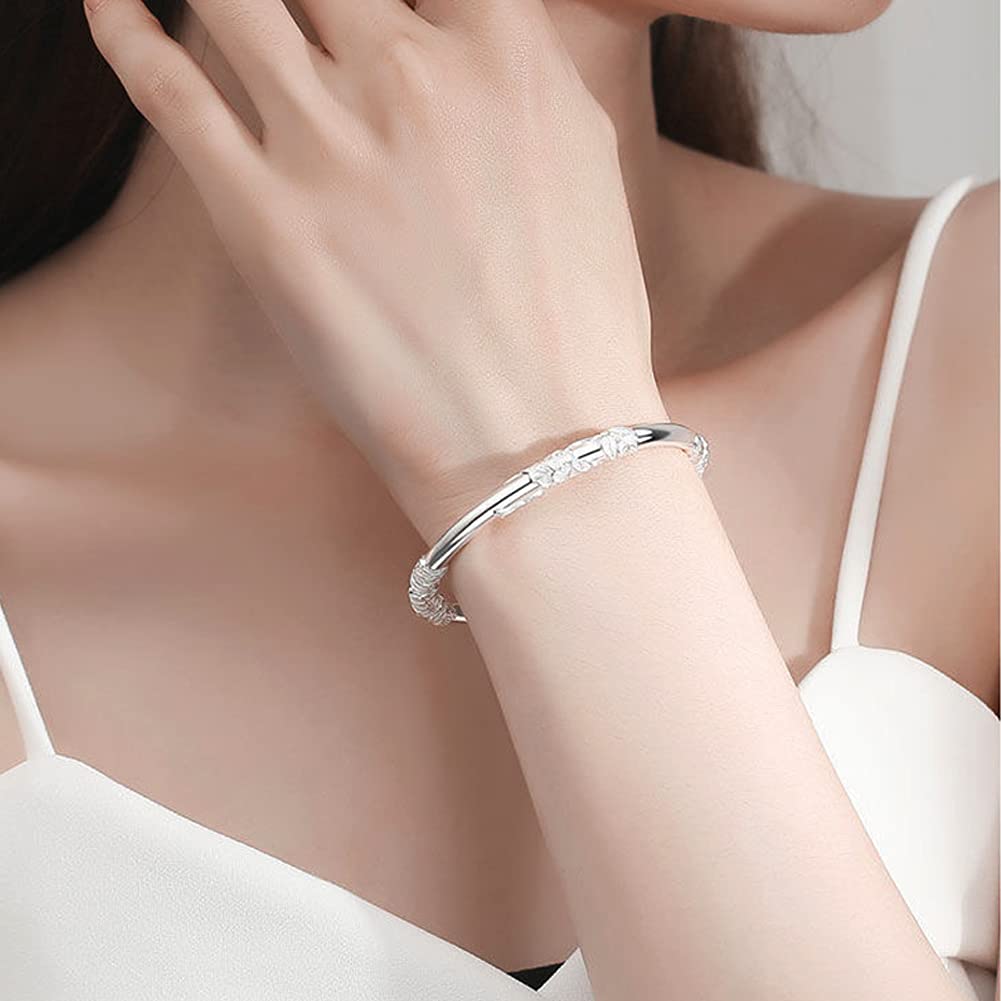 999 Sterling Silver Bangle, Women Handmade Vintage Bamboo