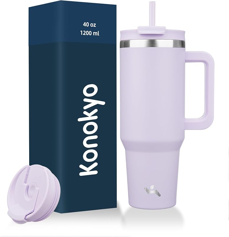 Konokyo Botella de agua con vaso aislado de 40 oz con asa, tapa con pajita | Sin BPA y apto para lavavajillas; hecho para gimnasio, viajes, café y regalos, 2 pajitas, apto para portavasos, Wisteria