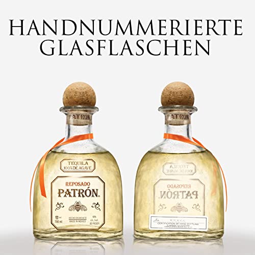 PATRÓN Reposado Premium-Tequila, 40% Vol., 70 cl/700 ml, aus 100 % besten blauen Weber-Agaven, in Mexiko in kleinen Chargen handdestilliert, 2 Monate im Eichenfass gelagert, perfekt für Margaritas