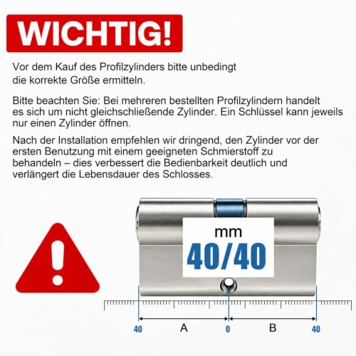 Hengsong Zylinderschloss 40/40 Schließzylinder 80mm aus Zinklegierung | 8 Schlüssel...
