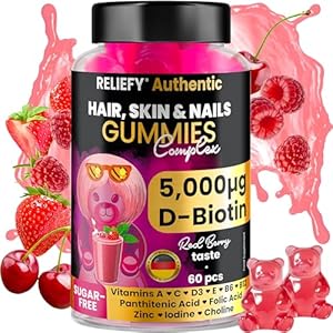 Reliefy Haar, huid en nagels – Verbeterd met vitamine A, C, D3, E, B6, B12, foliumzuur, pantotheenzuur, zink, jodium en choline – biotine haargroei – 5000mcg biotine, 60
