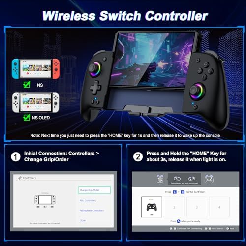 Gammeefy Switch Controller – Hall Effect Joysticks & Enhanced Grip – One Piece Switch Joypad Replacement Switch Pro Controller with 8-Color RGB Lighting, Turbo, Macros - Black, 6.2"/7" - 3