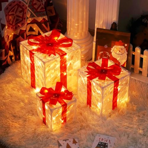 Décoration de Noël rose sous le sapin avec 3 boîtes cadeaux lumineuses - 2