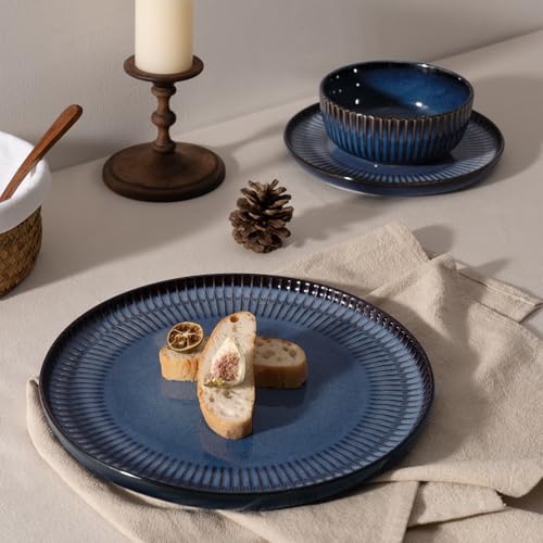 Image of Famiware Starlight 12-Piece Plates and Bowls Sets for 4, Stoneware Dinnerware with Ribbed Textured, Handcrafted Reactive Glaze Dishes - Dishwasher & Microwave Safe, Chip /Scratch Resistant, Starry Blue