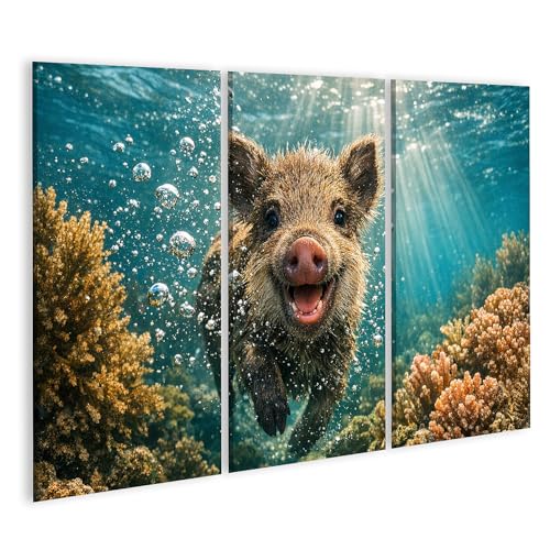 Tableau sur toile petit cochon joyeux sous l'eau en 3 pièces pour décoration murale