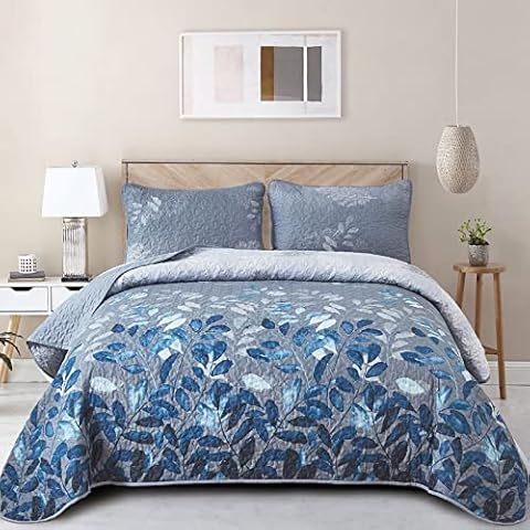 WONGS BEDDING Blue Quilt Set Queen Size,3 Pieces Navy Blue Floral Bedspread Coverlet Set,Soft Microfiber Lightweight Floral Bedding Set Queen 96"x90" Cover