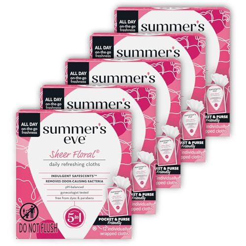 Image of Summer's Eve Sheer Floral Feminine Wipes, Gentle pH-Balanced Formula Helps Control Vaginal Odor, Individually Wrapped Wipes, 12 Count (Pack of 5)