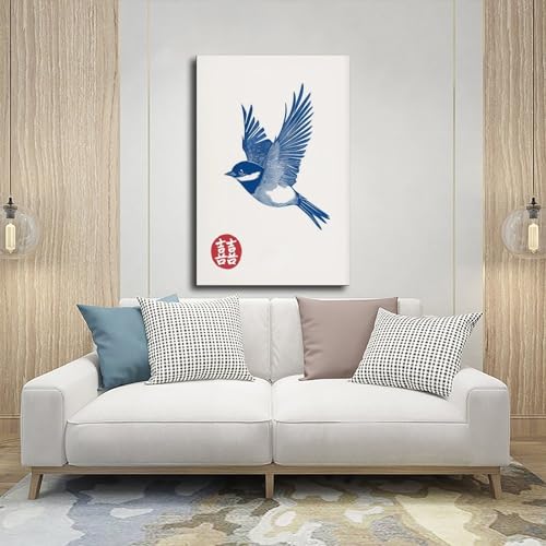 Impression sur toile oiseau bleu japonais pour habiller un mur vide de chambre ou de salon - 5