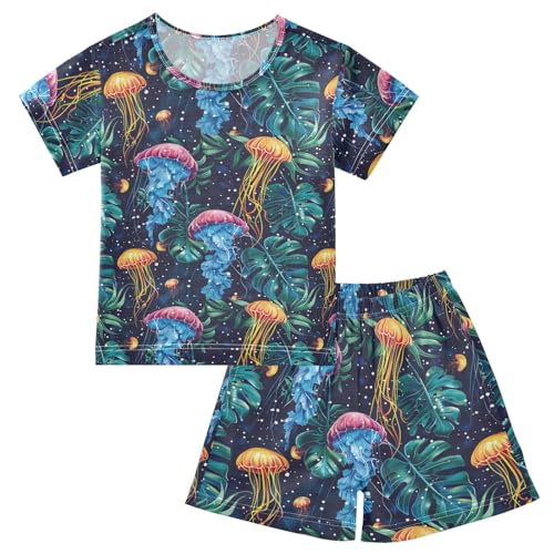 ALAZA Jellyfish and Tropical Leaves on Space Pajama Set Short Sleeve Sleepwear Soft Lounge Nightwear
