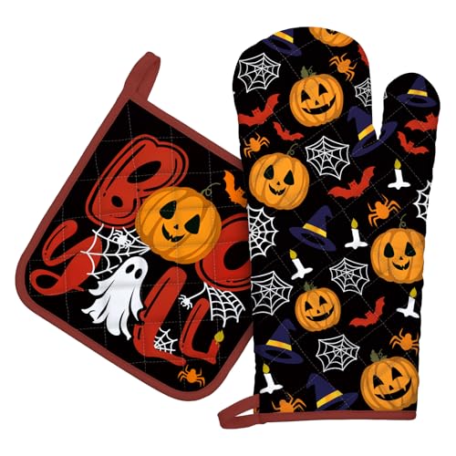 Arquiel Halloween Oven Mitts and Pot Holders -100% Cotton, Heat Resistant Extra Long Oven Gloves & Hot Pads for Cooking BBQ Grilling Baking Gift, Set of 2 - Cosy Home Interiors Arquiel Halloween Oven Mitts and Pot Holders -100% Cotton, Heat Resistant Extra Long Oven Gloves & Hot Pads for Cooking BBQ Grilling Baking Gift, Set of 2